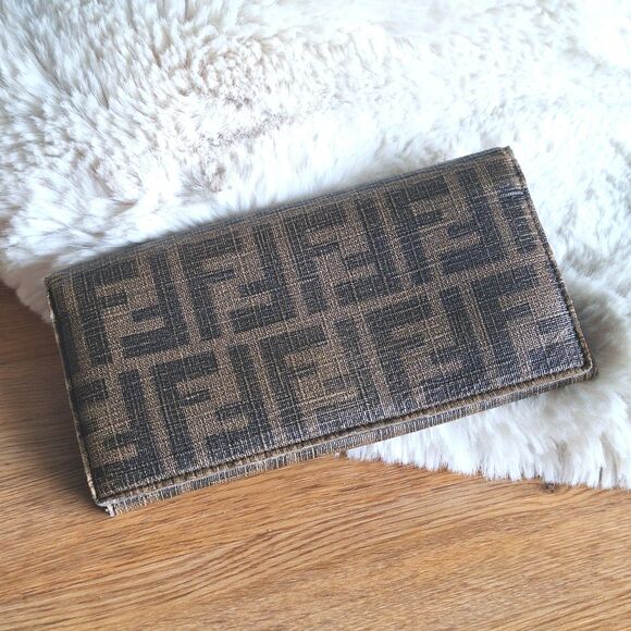 Fendi Zucca Canvas Leather Long Bifold Wallet Khaki Vintage Women’s